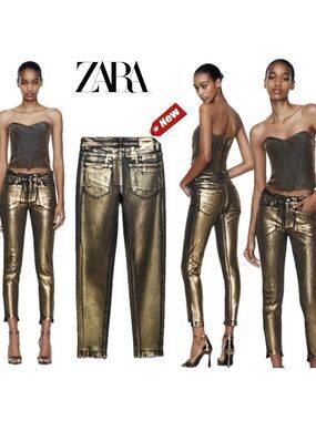 Zara gold metallic liquid foil mid rise skinny jeans 4 NWT bloggers fave